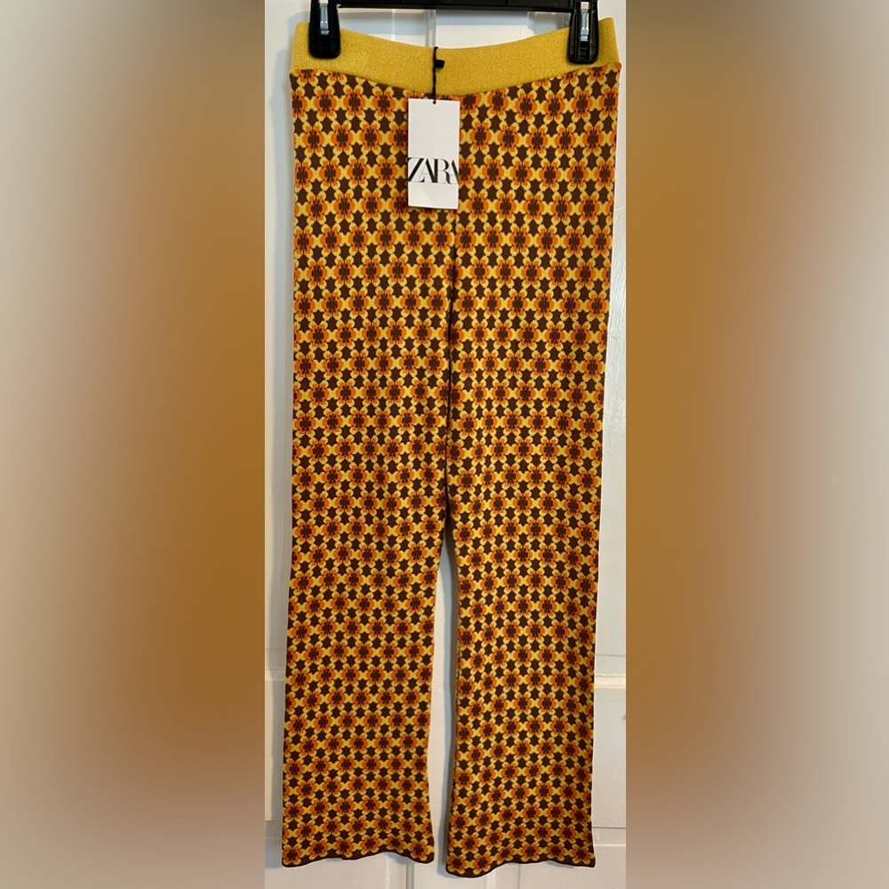 Zara Jacquard Retro Floral Mini Flare Stretch Pants